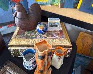 Vintage German Tin , Royal Copenhagen, Pier1 Wooden Chicken box