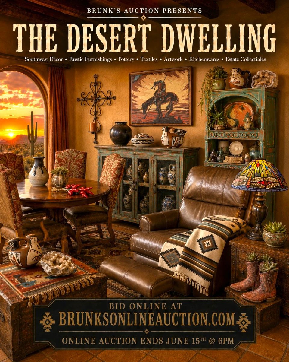 Desert Dwelling, Southwest decor, Southwestern style, Santa Fe style, Adobe style, rustic furnishings, western decor, desert home, estate auction, online auction, estate collectibles, home decor, decorative accessories, interior design, collected home, rustic elegance, desert treasures, southwest estate, warm textiles, artisan pottery, Native American jewelry, Native-inspired decor, Navajo jewelry, Hopi jewelry, Zuni jewelry, turquoise jewelry, sterling silver jewelry, silver jewelry, stone jewelry, shell jewelry, fetish jewelry, turquoise rings, turquoise bracelets, turquoise necklaces, silver brooches, estate jewelry, southwest jewelry, artisan jewelry, Acoma pottery, Hopi pottery, signed pottery, hand-painted pottery, art pottery, glazed pottery, lidded pottery, pottery vases, pottery bowls, pottery plates, ceramic pottery, southwest pottery