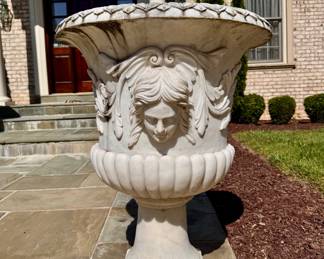 Set of 4 large marble pedestal planters with faces on 2 sides