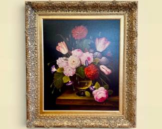Large floral paint in ornate frame, by artist K. Marian