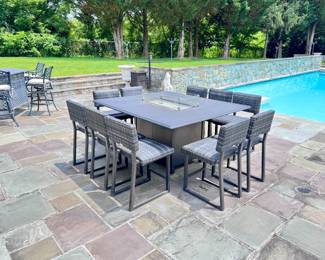 Woodard rectangular dining "fire" table with glass wind guard and 10 Woodard "Harper" tall dining chairs