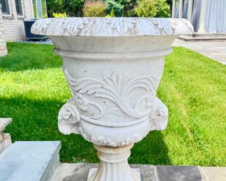 Pair of "Rams head" alabaster pedestal planters