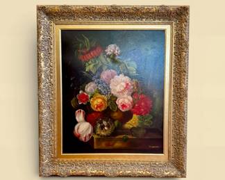 Large floral paint in ornate frame, by artist D. Marcello
