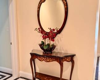 Louis XV style foyer table with matching oval mirror - both with floral inlay detail