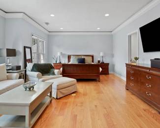 Drexel queen sleighed, pair of bedside tables, and long dresser with tall mirror (not shown)