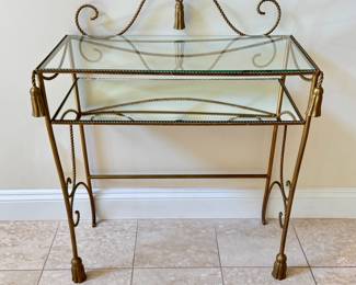 Hollywood Regency gilt metal glass top table with mirrored shelf