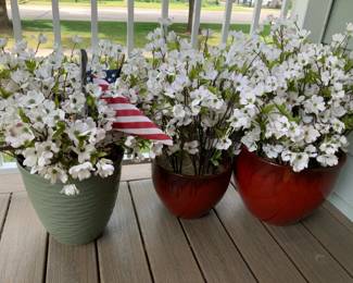 Three Heavy Clay Pots with Faux Flowers