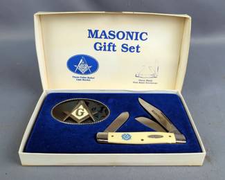 Masonic Pine Knot Stockman Pocket Knife And Belt Buckle Gift Set 