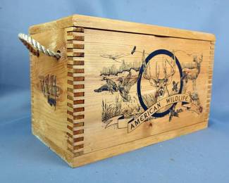 American Wildlife Wooden Ammo Box Manufactured By Evans Sports, 16"L x 8.5"W x 10"H 