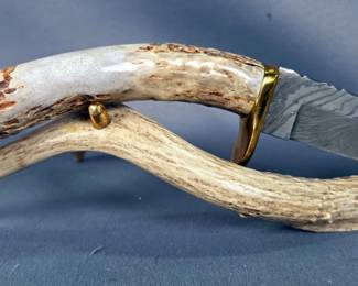 Custom Damascus Fixed Blade With Antler Handle, 3.5" Blade, On Antler Display Stand, And Buck Triple-Sharp Whetstones
