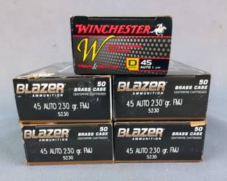 Blazer Brass .45 Auto Ammo, 230 gr, Full Metal Jacket, Approx 200 Rds, And Winchester Train & Defend .45 Auto Ammo, 230 gr, Jacketed Hollow Point, Approx 20 Rds, Local Pickup Only 