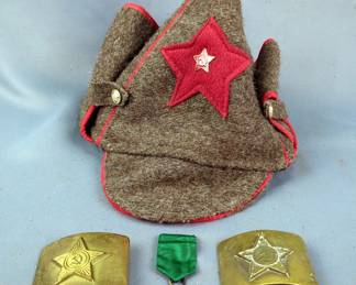 Soviet Union Budyonovka Cavalry Hat, Brass Soviet Belt Buckles, Eastern Peoples Medal