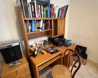 Oak Executive Desk with Hutch and Rattan Chair
