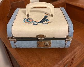 Vintage Blue & Cream Train Case with Retro Illustration