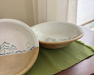 Hand-Painted Ceramic Bowls with Tree and Wave Motif