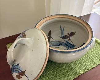 Vintage Studio Pottery Covered Casserole Dish with Aquatic Bird Motif