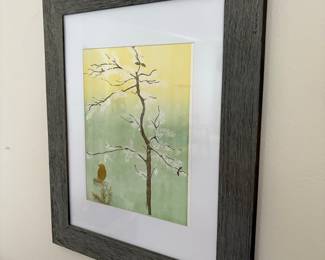 Framed Japanese Woodblock Print of Pine Tree and Birds