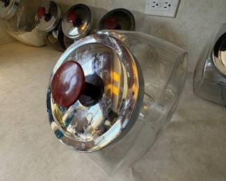 Vintage Glass "General Store" Candy Jar with Chrome Lid and Red Knob