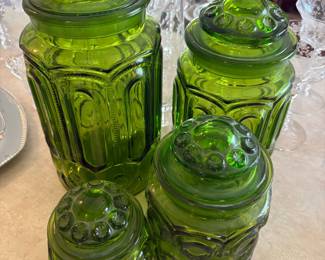 L.E. Smith Green Glass "Moon and Stars" Apothecary Jars Set