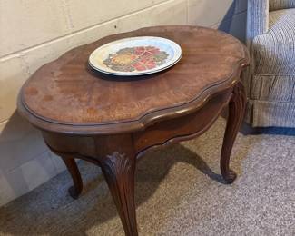 Vintage Burlwood Oval Side Table with Floral Inlay