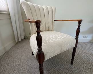 Victorian Channel Tufted Armchair with Carved Mahogany Legs and Damask Upholstery