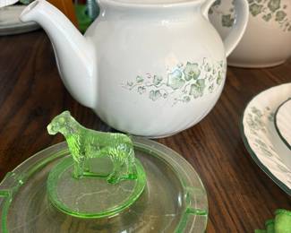 Vintage Corelle Callaway Ivy Teapot and Green Glass Dog Figurine