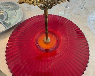 Ruby Red Fluted Glass Footed Cake Stand with Ornate Metal Handle