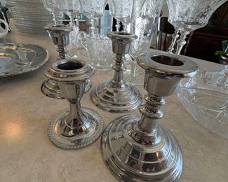 Silver-Plated Candlesticks and Etched Glassware Set
