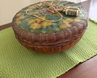 Vintage Chinese Woven Bamboo Sewing Basket with Tassel and Coin Embellishment