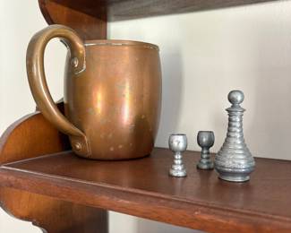 Copper Mug and Pewter Miniature Decanter and Goblets Set