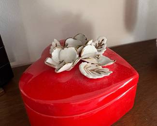 Vintage Red Heart Ceramic Trinket Box with Applied Flowers and Gold Trim