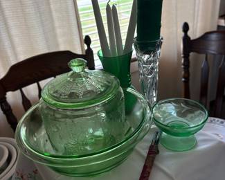 Green Depression Glass Cameo Ballerina Candy Dish and Footed Bowl Set