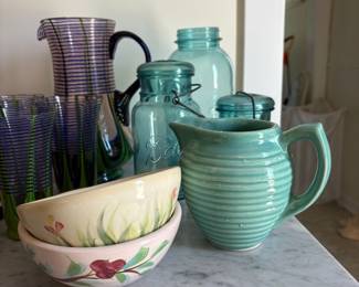 Set of Vintage Glassware and Ceramic Pitcher, including Bauer Ringware