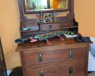 Antique Oak Dresser with Beveled Mirror , Mexico Alligator
