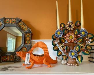 Iguana Planter, Clay Mexican Art , Metal Mirror