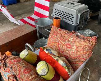 Pillows, Pet Carrier, Folding Lounge Chair Several Wooden Storage trunks