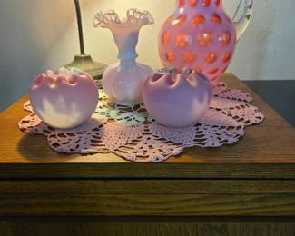 Satin Glass Rose Bowls, Encased White and Pink Ruffled Vase and Pink/White Coindot Fenton Pitcher