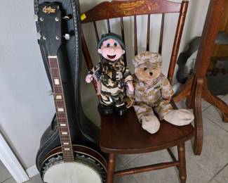 Hand Painted Antique Chair and Vintage 5 String Drifter Banjo With Hard Case 