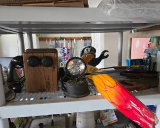 Antique wall phone, wood parrot and more
