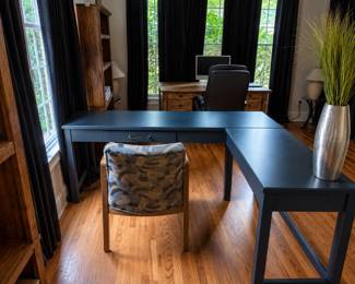 L Shaped standup desk, accent chair & flower