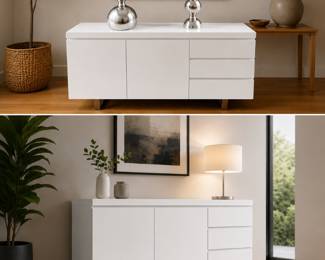 Like-new contemporary white laquer buffet/credenza- valued at $1399.00 29.5”x63”x18”