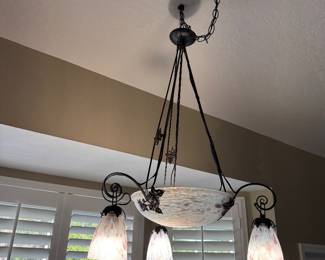 French Art Deco Chandelier, blue & mauve mottled glass 