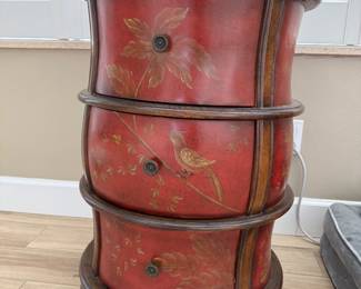 (2) Chinoiserie Style side table/cabinet. 3 deep drawers  20” in diameter & 29 inches tall