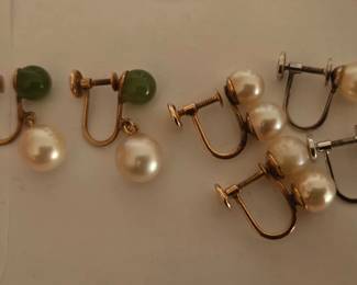 Vintage 14k gold Pearl & Jade Earrings, 14k gold double pearl earrings and 10k white gold single pearl earrings.