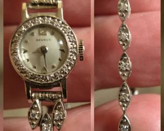 Fine Vintage 14k White gold & Diamonds watch & band ladies Benrus watch, keeps great time