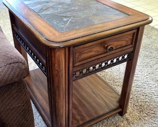 one of (2) matching Inlaid stone top End tables