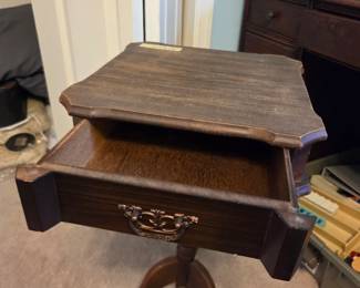 #34	Wood 3 legs Side Table w/pull-out Drawer (has finish issues) - 14x14x25	 $35.00 