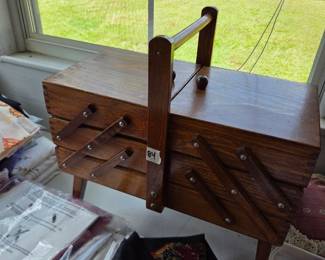 #84	Wood Fold-out Sewing Basket w/handle - 16.5x8x18 - includes accessories	 $30.00 