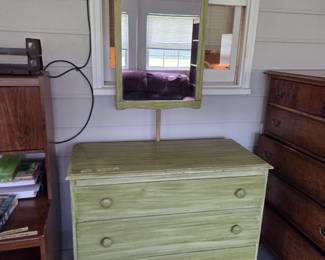 #88	Wood Green Distressed/Stained 3 Drawer Chest of Drawers w/Mirror - 40x18x33	 $75.00 