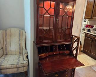 #10	Jasper Cabinet Wood Secretary w/7 drawer & pull-out Desk w/ Cubbies and 2 glass doors w/2 glass shelves - Ball and Claw Feet - lighted - 31x16x82	 $275.00 